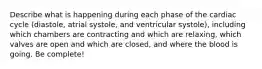 Describe what is happening during each phase of the cardiac cycle (diastole, atrial systole, and ventricular systole), including which chambers are contracting and which are relaxing, which valves are open and which are closed, and where the blood is going. Be complete!