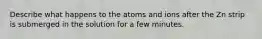 Describe what happens to the atoms and ions after the Zn strip is submerged in the solution for a few minutes.