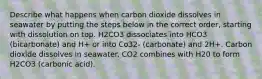 Describe what happens when carbon dioxide dissolves in seawater by putting the steps below in the correct order, starting with dissolution on top. H2CO3 dissociates into HCO3 (bicarbonate) and H+ or into Co32- (carbonate) and 2H+. Carbon dioxide dissolves in seawater. CO2 combines with H20 to form H2CO3 (carbonic acid).