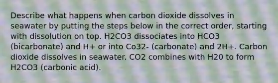 Describe what happens when carbon dioxide dissolves in seawater by putting the steps below in the correct order, starting with dissolution on top. H2CO3 dissociates into HCO3 (bicarbonate) and H+ or into Co32- (carbonate) and 2H+. Carbon dioxide dissolves in seawater. CO2 combines with H20 to form H2CO3 (carbonic acid).