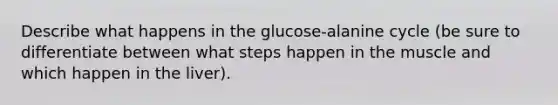 Describe what happens in the glucose-alanine cycle (be sure to differentiate between what steps happen in the muscle and which happen in the liver).