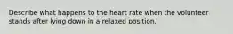 Describe what happens to the heart rate when the volunteer stands after lying down in a relaxed position.