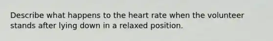 Describe what happens to the heart rate when the volunteer stands after lying down in a relaxed position.