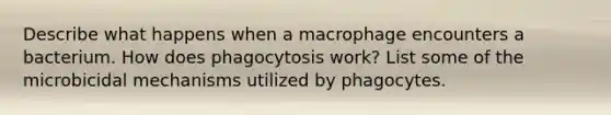 Describe what happens when a macrophage encounters a bacterium. How does phagocytosis work? List some of the microbicidal mechanisms utilized by phagocytes.