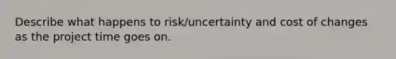 Describe what happens to risk/uncertainty and cost of changes as the project time goes on.