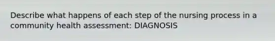 Describe what happens of each step of the nursing process in a community health assessment: DIAGNOSIS