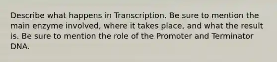 Describe what happens in Transcription. Be sure to mention the main enzyme involved, where it takes place, and what the result is. Be sure to mention the role of the Promoter and Terminator DNA.