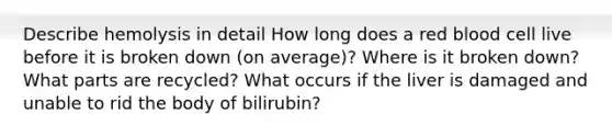 Describe hemolysis in detail How long does a red blood cell live before it is broken down (on average)? Where is it broken down? What parts are recycled? What occurs if the liver is damaged and unable to rid the body of bilirubin?