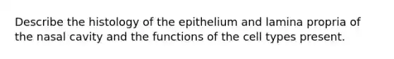 Describe the histology of the epithelium and lamina propria of the nasal cavity and the functions of the cell types present.