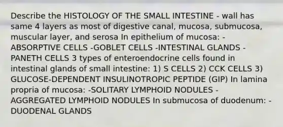 Describe the HISTOLOGY OF THE SMALL INTESTINE - wall has same 4 layers as most of digestive canal, mucosa, submucosa, muscular layer, and serosa In epithelium of mucosa: -ABSORPTIVE CELLS -GOBLET CELLS -INTESTINAL GLANDS -PANETH CELLS 3 types of enteroendocrine cells found in intestinal glands of small intestine: 1) S CELLS 2) CCK CELLS 3) GLUCOSE-DEPENDENT INSULINOTROPIC PEPTIDE (GIP) In lamina propria of mucosa: -SOLITARY LYMPHOID NODULES -AGGREGATED LYMPHOID NODULES In submucosa of duodenum: -DUODENAL GLANDS