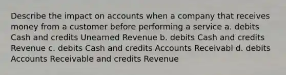 Describe the impact on accounts when a company that receives money from a customer before performing a service a. debits Cash and credits Unearned Revenue b. debits Cash and credits Revenue c. debits Cash and credits Accounts Receivabl d. debits Accounts Receivable and credits Revenue