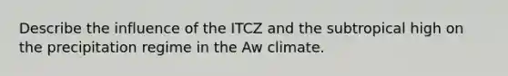 Describe the influence of the ITCZ and the subtropical high on the precipitation regime in the Aw climate.