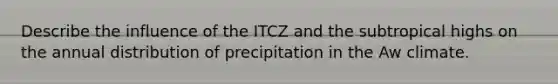 Describe the influence of the ITCZ and the subtropical highs on the annual distribution of precipitation in the Aw climate.