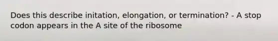 Does this describe initation, elongation, or termination? - A stop codon appears in the A site of the ribosome