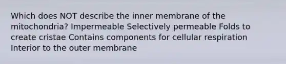 Which does NOT describe the inner membrane of the mitochondria? Impermeable Selectively permeable Folds to create cristae Contains components for cellular respiration Interior to the outer membrane