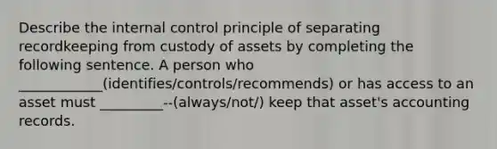 Describe the <a href='https://www.questionai.com/knowledge/kjj42owoAP-internal-control' class='anchor-knowledge'>internal control</a> principle of separating recordkeeping from custody of assets by completing the following sentence. A person who ____________(identifies/controls/recommends) or has access to an asset must _________--(always/not/) keep that asset's accounting records.