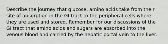 Describe the journey that glucose, amino acids take from their site of absorption in the GI tract to the peripheral cells where they are used and stored. Remember for our discussions of the GI tract that amino acids and sugars are absorbed into the venous blood and carried by the hepatic portal vein to the liver.