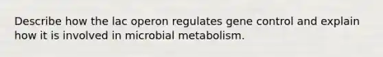 Describe how the lac operon regulates gene control and explain how it is involved in microbial metabolism.