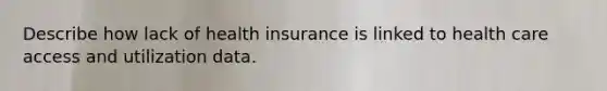 Describe how lack of health insurance is linked to health care access and utilization data.