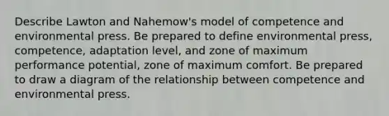 Describe Lawton and Nahemow's model of competence and environmental press. Be prepared to define environmental press, competence, adaptation level, and zone of maximum performance potential, zone of maximum comfort. Be prepared to draw a diagram of the relationship between competence and environmental press.