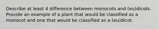 Describe at least 4 difference between monocots and (eu)dicots. Provide an example of a plant that would be classified as a monocot and one that would be classified as a (eu)dicot.