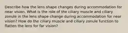 Describe how the lens shape changes during accommodation for near vision. What is the role of the ciliary muscle and ciliary zonule in the lens shape change during accommodation for near vision? How do the ciliary muscle and ciliary zonule function to flatten the lens for far vision?