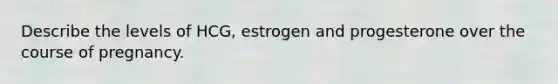 Describe the levels of HCG, estrogen and progesterone over the course of pregnancy.