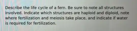 Describe the life cycle of a fern. Be sure to note all structures involved. Indicate which structures are haploid and diploid, note where fertilization and meiosis take place, and indicate if water is required for fertilization.