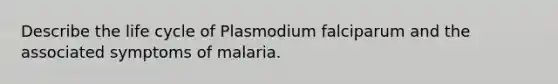 Describe the life cycle of Plasmodium falciparum and the associated symptoms of malaria.