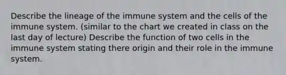 Describe the lineage of the immune system and the cells of the immune system. (similar to the chart we created in class on the last day of lecture) Describe the function of two cells in the immune system stating there origin and their role in the immune system.