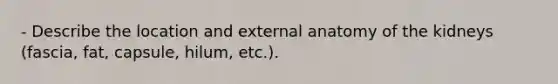 - Describe the location and external anatomy of the kidneys (fascia, fat, capsule, hilum, etc.).