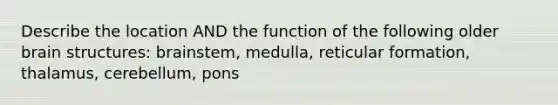 Describe the location AND the function of the following older brain structures: brainstem, medulla, reticular formation, thalamus, cerebellum, pons