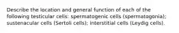 Describe the location and general function of each of the following testicular cells: spermatogenic cells (spermatogonia); sustenacular cells (Sertoli cells); interstitial cells (Leydig cells).