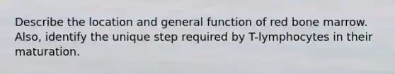 Describe the location and general function of red bone marrow. Also, identify the unique step required by T-lymphocytes in their maturation.