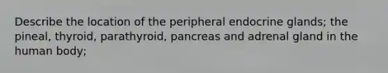 Describe the location of the peripheral endocrine glands; the pineal, thyroid, parathyroid, pancreas and adrenal gland in the human body;