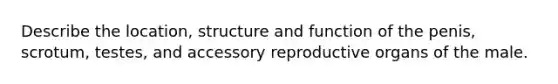 Describe the location, structure and function of the penis, scrotum, testes, and accessory reproductive organs of the male.