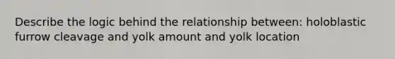 Describe the logic behind the relationship between: holoblastic furrow cleavage and yolk amount and yolk location