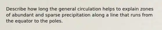 Describe how long the general circulation helps to explain zones of abundant and sparse precipitation along a line that runs from the equator to the poles.