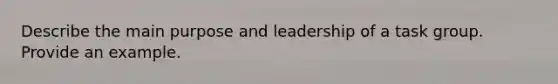 Describe the main purpose and leadership of a task group. Provide an example.