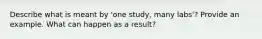 Describe what is meant by 'one study, many labs'? Provide an example. What can happen as a result?