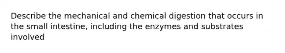 Describe the mechanical and chemical digestion that occurs in the small intestine, including the enzymes and substrates involved