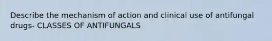 Describe the mechanism of action and clinical use of antifungal drugs- CLASSES OF ANTIFUNGALS