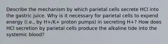 Describe the mechanism by which parietal cells secrete HCl into the gastric juice. Why is it necessary for parietal cells to expend energy (i.e., by H+/K+ proton pumps) in secreting H+? How does HCl secretion by parietal cells produce the alkaline tide into the systemic blood?