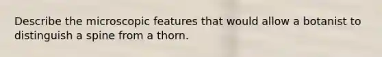 Describe the microscopic features that would allow a botanist to distinguish a spine from a thorn.