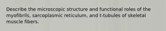 Describe the microscopic structure and functional roles of the myofibrils, sarcoplasmic reticulum, and t-tubules of skeletal muscle fibers.