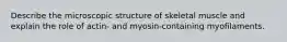 Describe the microscopic structure of skeletal muscle and explain the role of actin- and myosin-containing myofilaments.