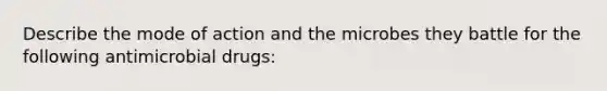 Describe the mode of action and the microbes they battle for the following antimicrobial drugs: