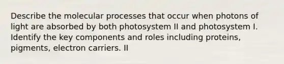 Describe the molecular processes that occur when photons of light are absorbed by both photosystem II and photosystem I. Identify the key components and roles including proteins, pigments, electron carriers. II