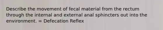 Describe the movement of fecal material from the rectum through the internal and external anal sphincters out into the environment. = Defecation Reflex