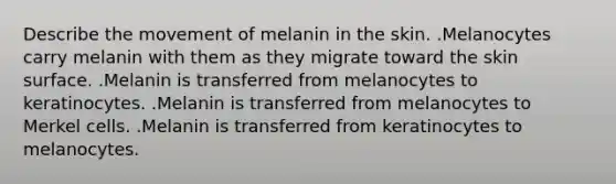 Describe the movement of melanin in the skin. .Melanocytes carry melanin with them as they migrate toward the skin surface. .Melanin is transferred from melanocytes to keratinocytes. .Melanin is transferred from melanocytes to Merkel cells. .Melanin is transferred from keratinocytes to melanocytes.